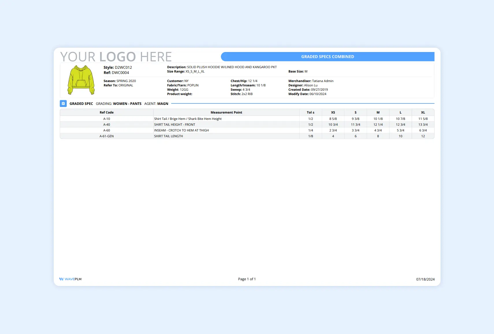 Garment spec sheet