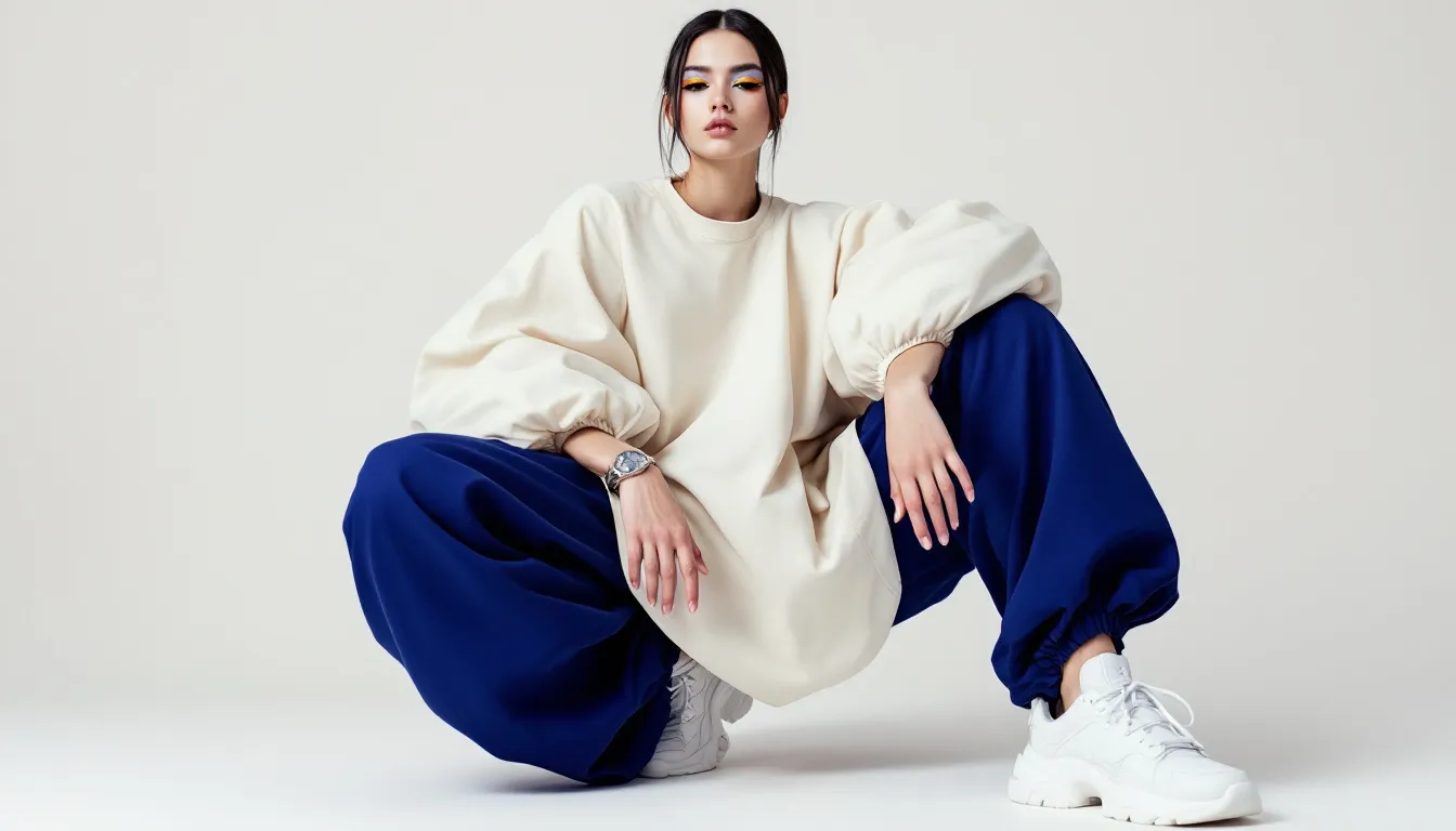 A model wearing oversized clothing, showcasing the oversize fashion trend.