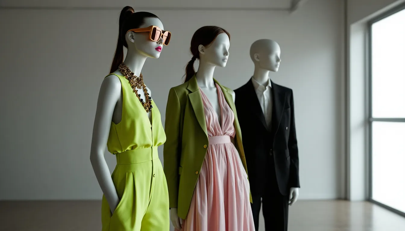 A collection of spring/summer fashion trends displayed on mannequins.