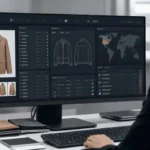 AI-assisted fashion PLM dashboard showing automated tech pack fields and supplier risk scores in a product development workflow