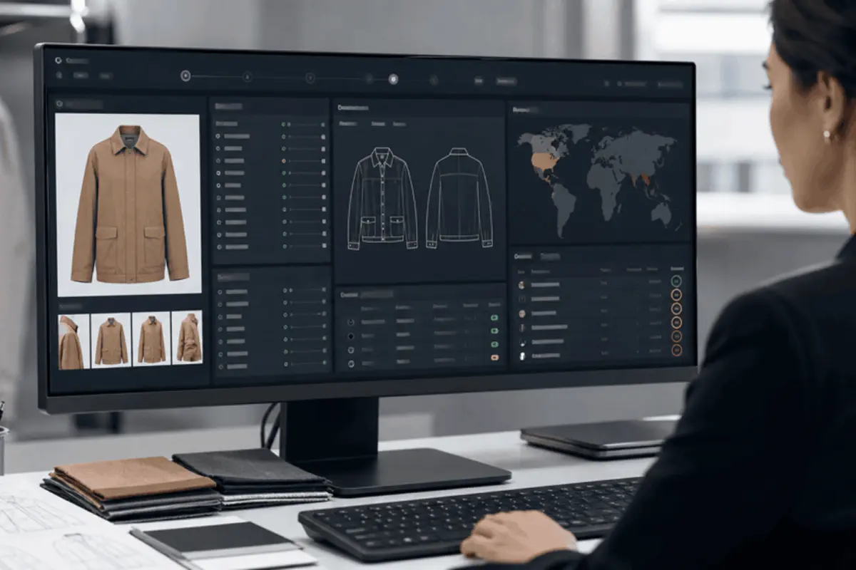 AI-assisted fashion PLM dashboard showing automated tech pack fields and supplier risk scores in a product development workflow