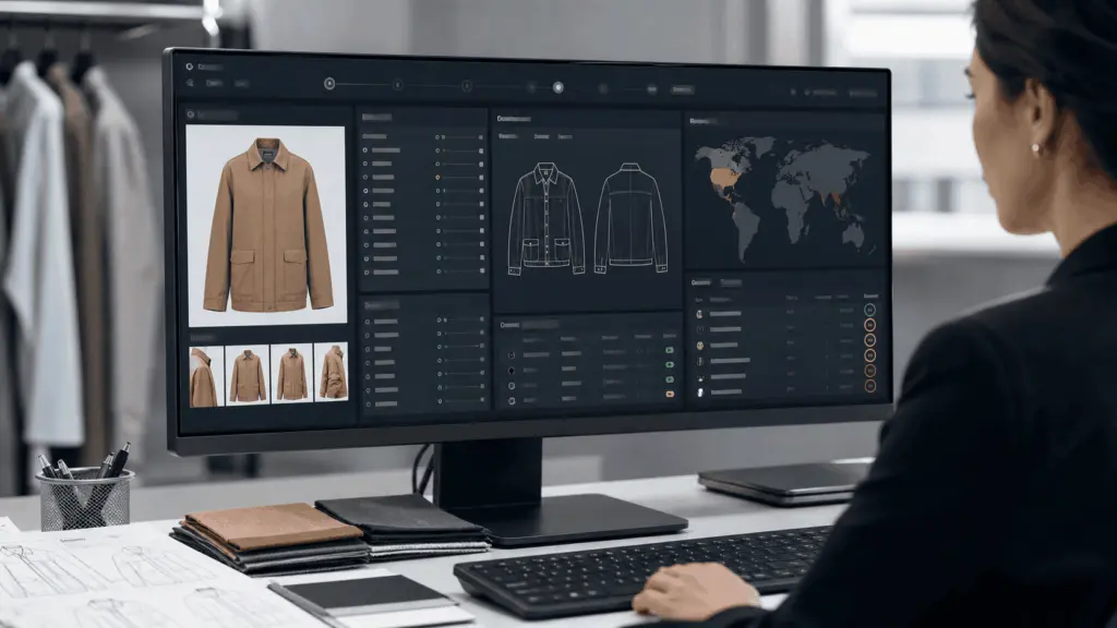 AI-assisted fashion PLM dashboard showing automated tech pack fields and supplier risk scores in a product development workflow