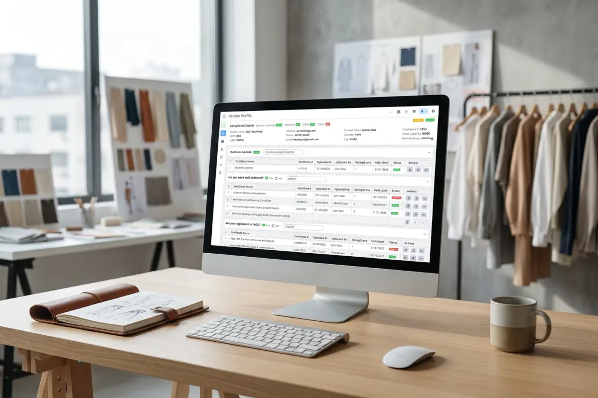 PLM software vendor profile screen showing supplier documents, audit status, and production history