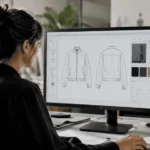 Fashion technical designer reviewing an AI tech pack on a screen with garment flat sketches visible