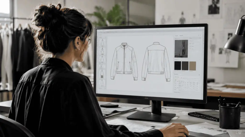 Fashion technical designer reviewing an AI tech pack on a screen with garment flat sketches visible