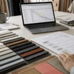 Fabric sourcing workflow showing swatch cards, supplier lead time tracker, and MOQ commitment sheet for an apparel brand
