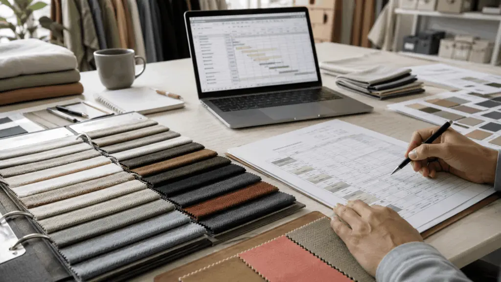 Fabric sourcing workflow showing swatch cards, supplier lead time tracker, and MOQ commitment sheet for an apparel brand