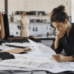 Fashion technical designer reviewing technical sketches and patterns to start a clothing brand with cut-and-sew manufacturing