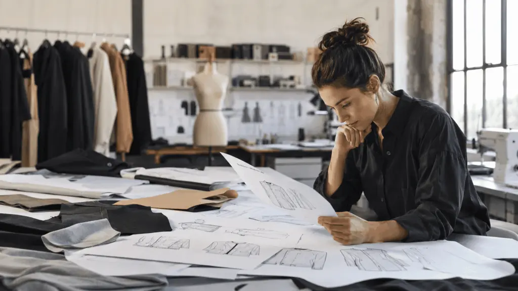 Fashion technical designer reviewing technical sketches and patterns to start a clothing brand with cut-and-sew manufacturing