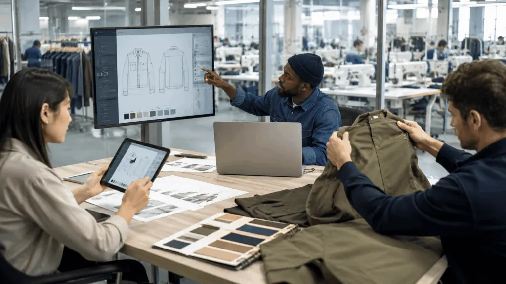 Apparel brand supplier portal showing factory communication, tech pack sharing, and sample approval workflow