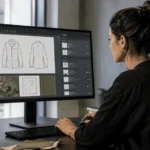 fashion designer reviewing tech pack revisions on screen with version history