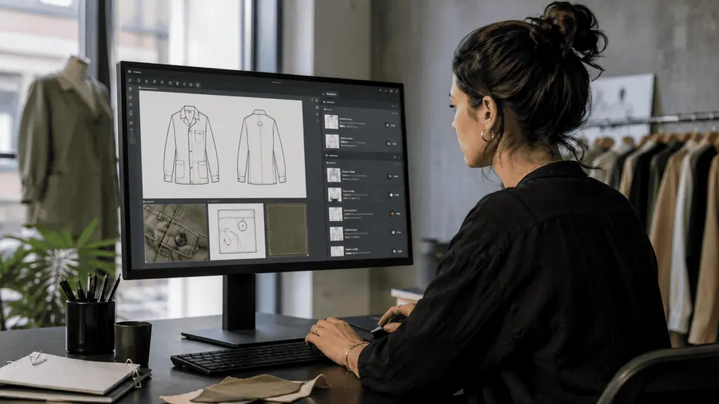 fashion designer reviewing tech pack revisions on screen with version history