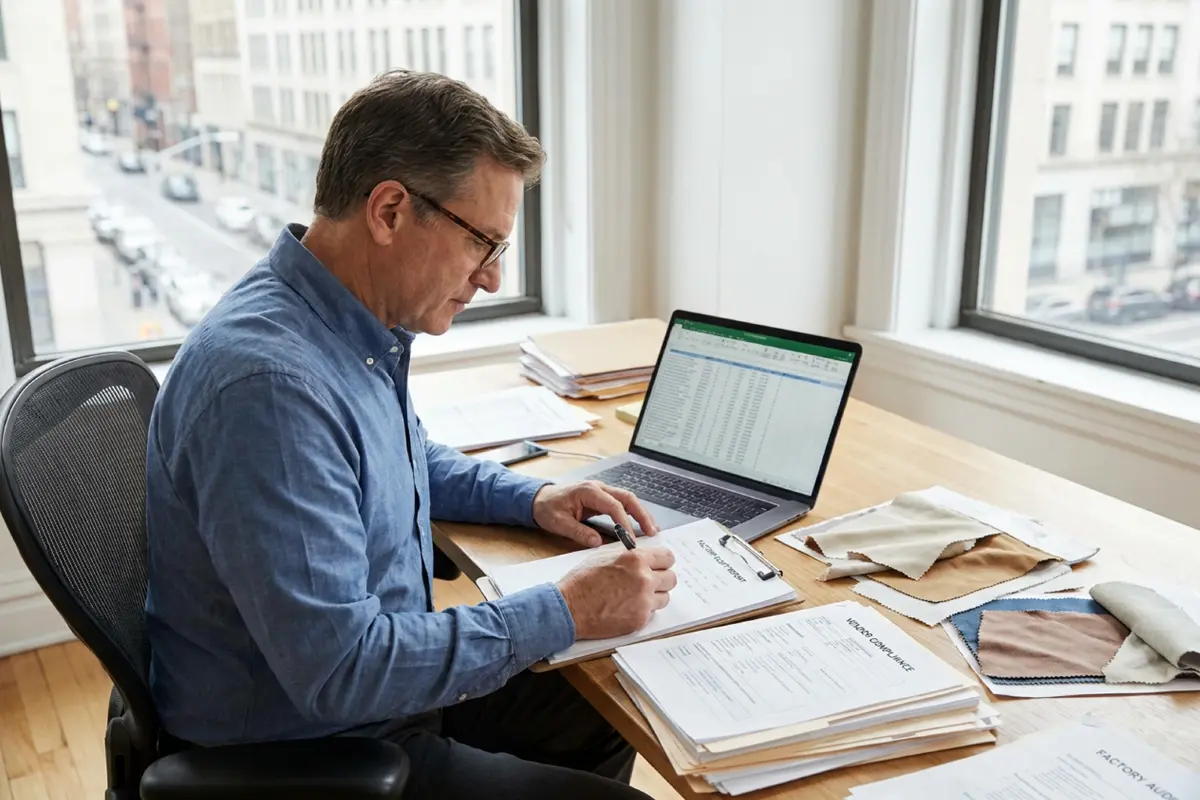 Apparel sourcing manager reviewing factory documents during vendor onboarding process