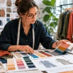 Fashion technical designer reviewing fabric color swatches and colorway options for apparel production