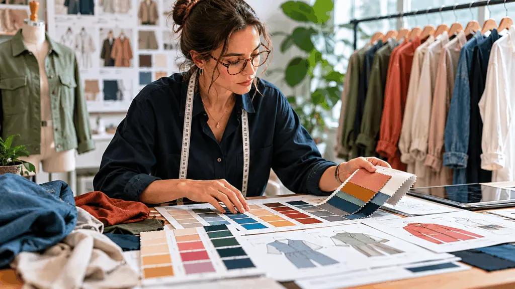 Fashion technical designer reviewing fabric color swatches and colorway options for apparel production