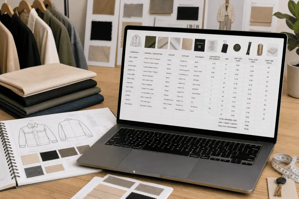 Fashion bill of materials with fabric swatches and tablet showing BOM table