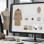 Multi-level BOM structure for a fashion brand showing finished product, sub-assemblies, components, and raw materials in PLM software