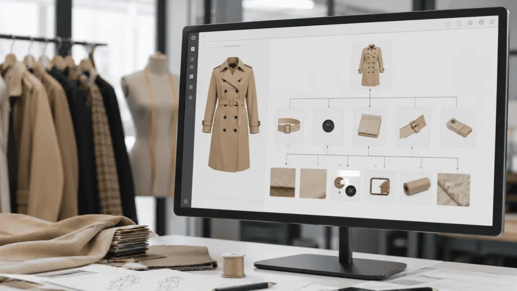 Multi-level BOM structure for a fashion brand showing finished product, sub-assemblies, components, and raw materials in PLM software
