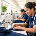 Private label clothing manufacturer sewing branded garments on a production line
