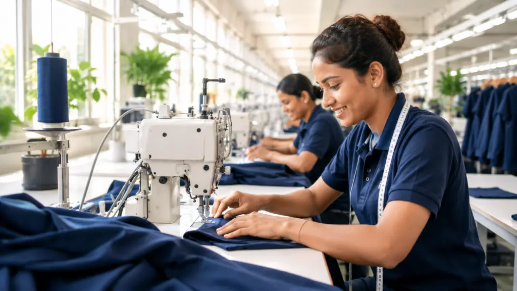 Private label clothing manufacturer sewing branded garments on a production line