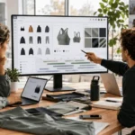 activewear brand team reviewing PLM software dashboard with performance fabric specs and seasonal drop calendar