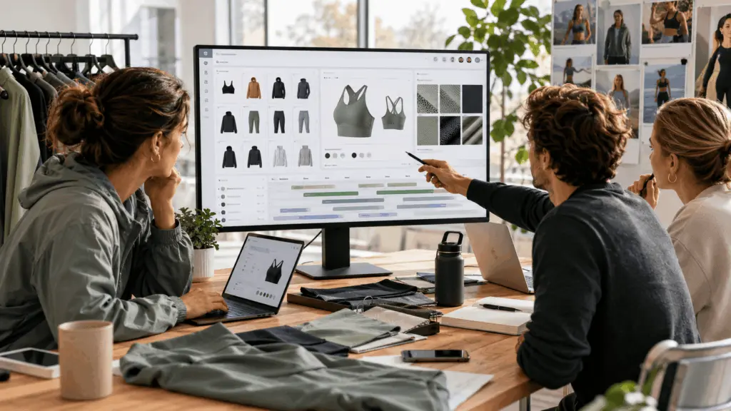activewear brand team reviewing PLM software dashboard with performance fabric specs and seasonal drop calendar