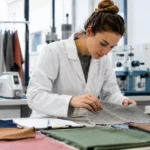 Textile lab technician performing apparel product testing on fabric samples