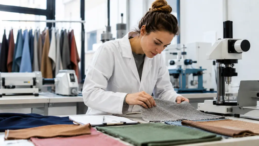 Textile lab technician performing apparel product testing on fabric samples
