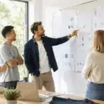 apparel brand team reviewing PLM implementation roadmap on whiteboard