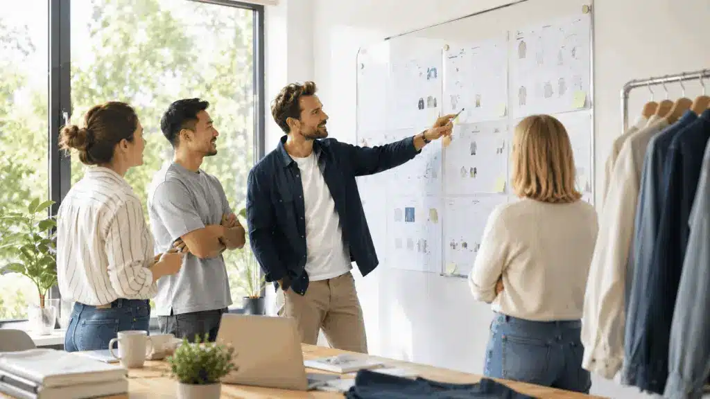 apparel brand team reviewing PLM implementation roadmap on whiteboard