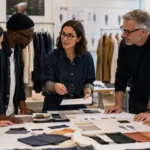 Fashion product manager reviewing collection range with design and production team