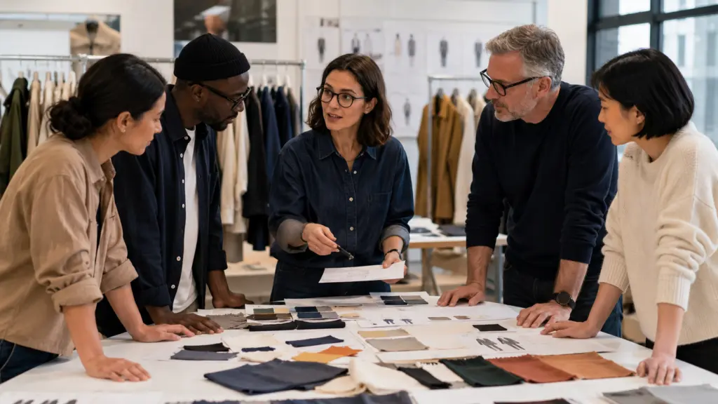 Fashion product manager reviewing collection range with design and production team