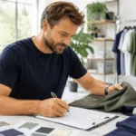 Apparel brand founder reviewing factory samples and qualification checklist for clothing manufacturer selection