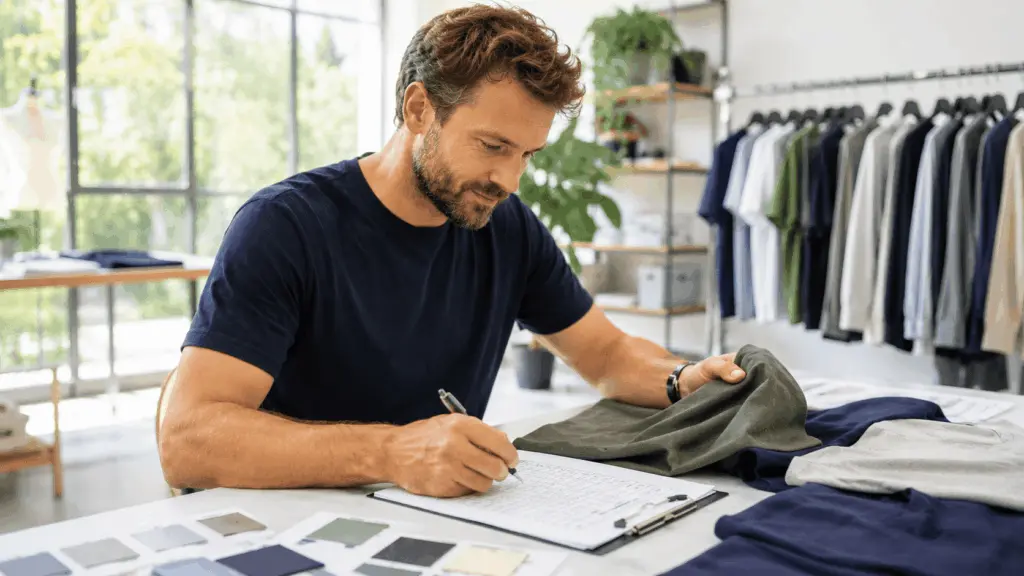 Apparel brand founder reviewing factory samples and qualification checklist for clothing manufacturer selection
