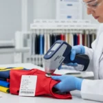 Compliance technician testing a children's garment trim for CPSIA lead content