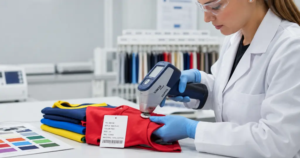 Compliance technician testing a children's garment trim for CPSIA lead content