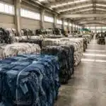 Sorted bales of post-consumer clothing at a textile recycling facility under warehouse skylights