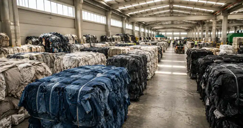 Sorted bales of post-consumer clothing at a textile recycling facility under warehouse skylights