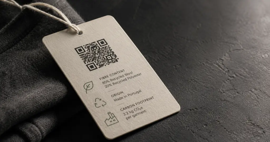 Garment hang tag with QR code representing an EU Digital Product Passport