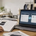 Designer reviewing a tech pack beside a laptop showing synced PLM and ERP data