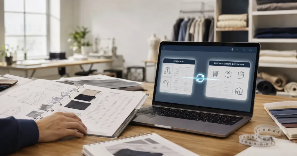 Designer reviewing a tech pack beside a laptop showing synced PLM and ERP data