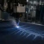 Industrial laser fading machine tracing a distress pattern onto raw indigo denim in a finishing facility