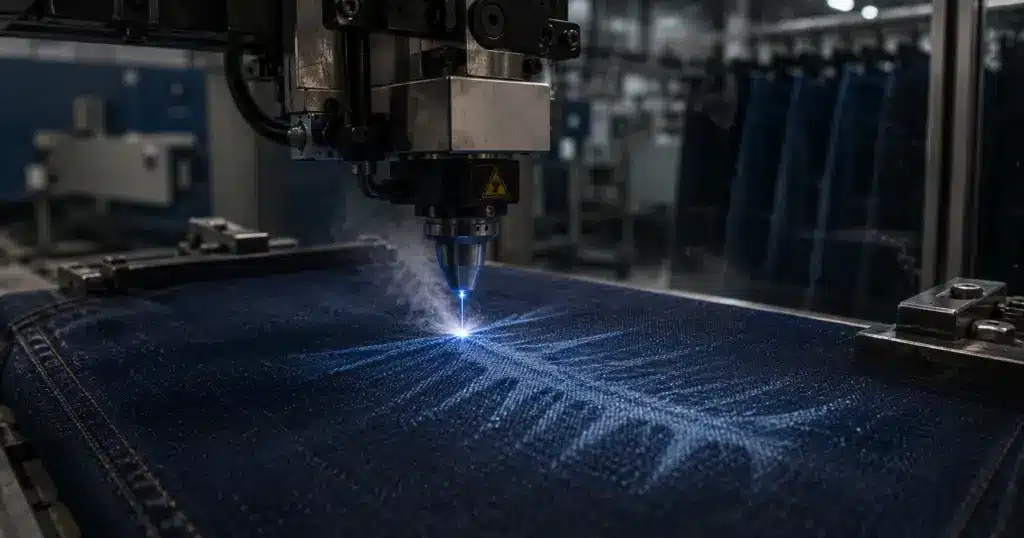 Industrial laser fading machine tracing a distress pattern onto raw indigo denim in a finishing facility