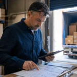 Sourcing manager reviewing a customs invoice and landed cost breakdown at a warehouse receiving desk