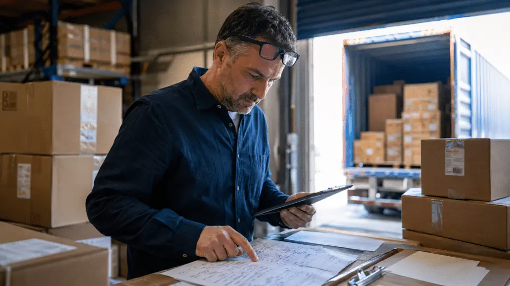 Sourcing manager reviewing a customs invoice and landed cost breakdown at a warehouse receiving desk