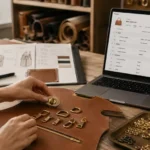 Designer sorting bag hardware components beside a multi-material BOM on a laptop