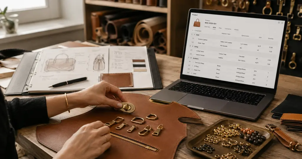 Designer sorting bag hardware components beside a multi-material BOM on a laptop