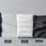 Deconstructed jacket layers — shell, membrane, insulation, lining — laid out for outerwear PLM