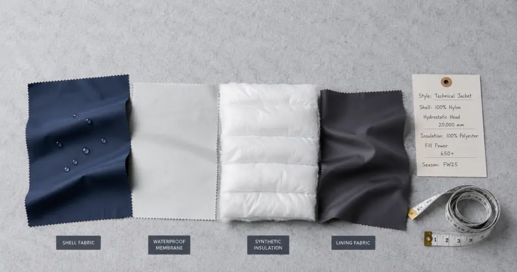 Deconstructed jacket layers — shell, membrane, insulation, lining — laid out for outerwear PLM