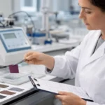 Textile compliance lab technician testing a fabric swatch against a restricted substances list